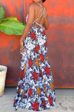 Red Sexy Print Backless Strap Design Spaghetti Strap Long Dress