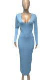 Sky Blue Casual Solid Split Joint Asymmetrical Collar Straight Dresses