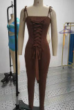 Brown Casual Solid Bandage Patchwork Spaghetti Strap Skinny Jumpsuits