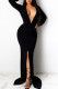 Black Elegant Solid Patchwork Slit Fold V Neck Evening Dress Dresses