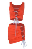 Tangerine Red Sexy Solid Bandage Hollowed Out Patchwork U Neck Sleeveless Two Pieces
