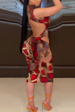 Brown Sexy Print Ripped Patchwork Backless O Neck Pencil Skirt Dresses