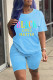 Blue Fashion Casual Letter Print Basic O Neck Short Sleeve Two Pieces