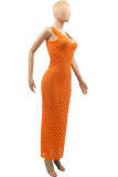 Orange Fashion Sexy Solid Hollowed Out See-through O Neck Vest Dress