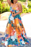 Blue Yellow Sexy Print Patchwork Spaghetti Strap Printed Dress Dresses