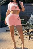 Pink Casual Print Hot Drill O Neck Short Sleeve Two Pieces