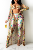 Rose Red Sexy Print Hollowed Out Halter Long Sleeve Three Pieces