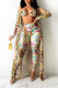 Yellow Sexy Print Hollowed Out Halter Long Sleeve Three Pieces