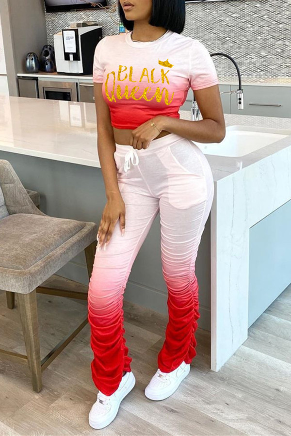 Red Fashion Casual Gradual Change Letter Print Fold O Neck Short Sleeve Two Pieces