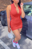 Pink Casual Solid Basic Zipper Collar Sleeveless Dress