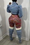Turquoise Sexy Print Mesh Skinny Mid Waist Pencil Full Print Bottoms