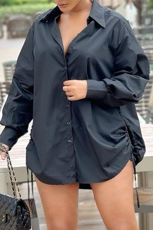 Black Fashion Casual Solid Basic Turndown Collar Shirt Dress