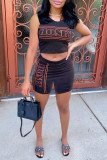 Black Sexy Casual Letter Print Backless One Shoulder Sleeveless Two Pieces