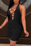 Pink Sexy Solid Hollowed Out Halter Pencil Skirt Dresses