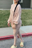 Khaki Casual Patchwork Tie-dye O Neck Long Sleeve Two Pieces