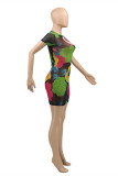 Multicolor Fashion Sexy Print Hollowed Out See-through O Neck Short Sleeve Dress