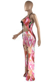 Pink Fashion Sexy Print Hollowed Out Backless Halter Regular Jumpsuits