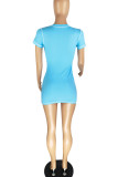 Light Blue Sexy Solid Patchwork Zipper O Neck Pencil Skirt Dresses