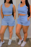 Light Blue Casual Solid Basic U Neck Sleeveless Two Pieces