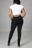Black Sexy Solid Hollowed Out Mid Waist Skinny Denim Jeans