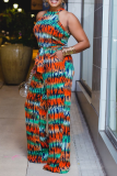Blue Sexy Print Patchwork Halter Straight Jumpsuits
