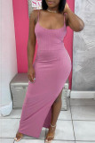 Pink Fashion Sexy Solid Backless Slit Spaghetti Strap Long Dress