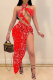 Red Sexy Print Hollowed Out Patchwork Swimwears