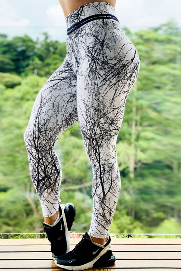 White Casual Sportswear Print Basic Skinny High Waist Pencil Trousers