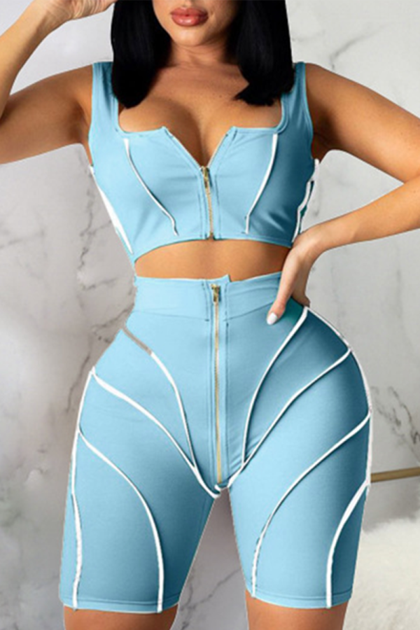 Blue Sexy Solid Zipper Collar Sleeveless Two Pieces
