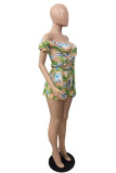 Green Fashion Casual Print Backless Off the Shoulder Short Sleeve Two Pieces