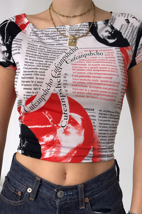 Red Street Print Patchwork O Neck T-Shirts