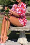 Red Fashion Sexy Print Bandage V Neck Short Sleeve Dress