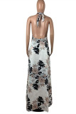 Multicolor Sexy Casual Print Backless Halter Sleeveless Dress