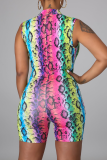 Rose Red Sexy Print Patchwork Zipper Collar Skinny Rompers