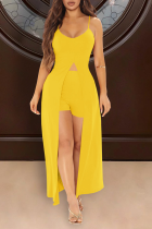 Yellow Casual Solid Split Joint Spaghetti Strap Sleeveless Two Pieces