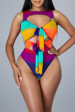 Rainbow Color Fashion Sexy Print Hollowed Out O Neck Sleeveless Two Pieces
