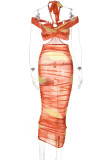 Orange Yellow Sexy Print Bandage Hollowed Out Patchwork Halter Pencil Skirt Dresses