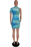 Light Blue Fashion Casual Tie Dye Printing O Neck Short Sleeve Dress