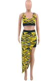 Yellow Sexy Animal Print High Opening U Neck Sleeveless Two Pieces