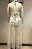 White Sexy Print Bandage Split Joint Metal Accessories Decoration Halter Mesh Dress Plus Size Dresses