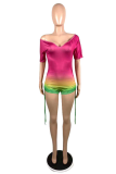 Green Sexy Gradual Change Patchwork V Neck Regular Rompers