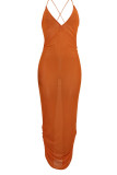 Blue Sexy Solid Patchwork See-through Spaghetti Strap Straight Dresses （Without Underwear）