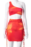Red Casual Print Bandage Patchwork Fold Asymmetrical Oblique Collar Sleeveless Two Pieces