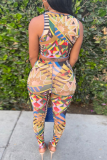 Colour Sexy Print Hollowed Out V Neck Sleeveless Two Pieces