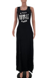 Grey Casual Letter Print Patchwork High Opening O Neck Sleeveless Two Pieces