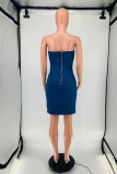 Blue Fashion Sexy Solid Frenulum Backless Strapless Sleeveless Dress