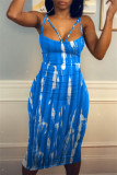 Orange Fashion Sexy Print Backless Spaghetti Strap Sleeveless Dress