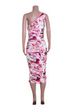 Rose Red Fashion Casual Print Backless Fold One Shoulder Sleeveless Dress