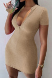 Khaki Fashion Casual Solid Basic Zipper Collar Short Sleeve Dress