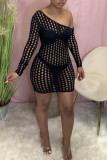Black Fashion Sexy Solid Hollowed Out See-through Oblique Collar Long Sleeve Plus Size Dresses